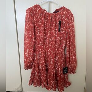 Lulus Red Small NWT Floral Smocked Long Sleeve Dress